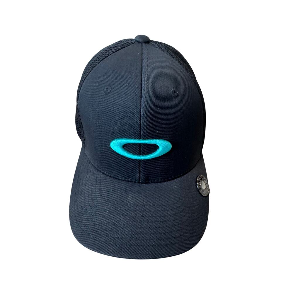 Oakley Flexfit Baseball Cap L-XL Black Turquoise Mesh Back Fitted Trucker Cap